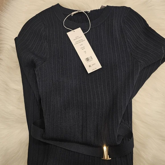 knee length dresses for ladies Elthea Belted Midi Dress in Navy